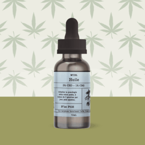 alt="Huile de chanvre CBD – flacon en verre, couleur verte, riche en omégas et cannabinoïdes"